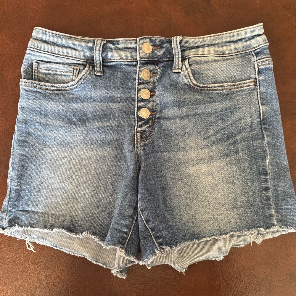 Blue Jean Shorts with Frayed Hem and Distressed Look